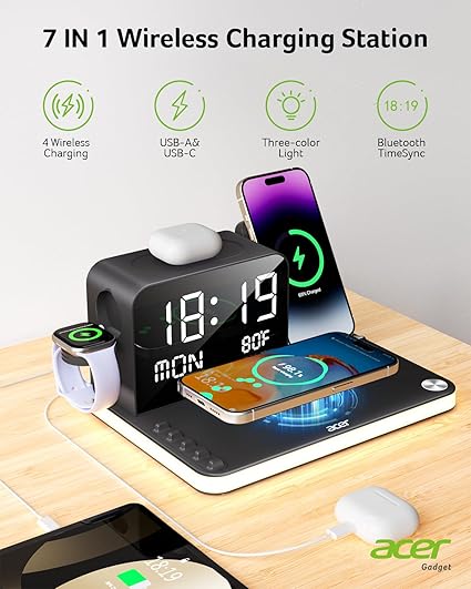 Acer 7-in-1 Wireless Charging Station – Fast Multi-Device Charger for iPhone, Apple Watch & AirPods with Bluetooth Time Sync