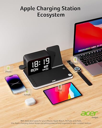 Acer 7-in-1 Wireless Charging Station – Fast Multi-Device Charger for iPhone, Apple Watch & AirPods with Bluetooth Time Sync