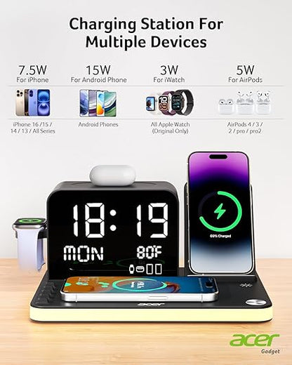 Acer 7-in-1 Wireless Charging Station – Fast Multi-Device Charger for iPhone, Apple Watch & AirPods with Bluetooth Time Sync