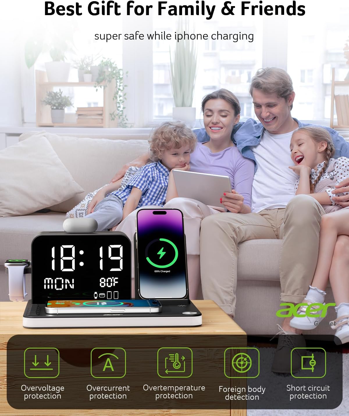 Acer 7-in-1 Wireless Charging Station – Fast Multi-Device Charger for iPhone, Apple Watch & AirPods with Bluetooth Time Sync